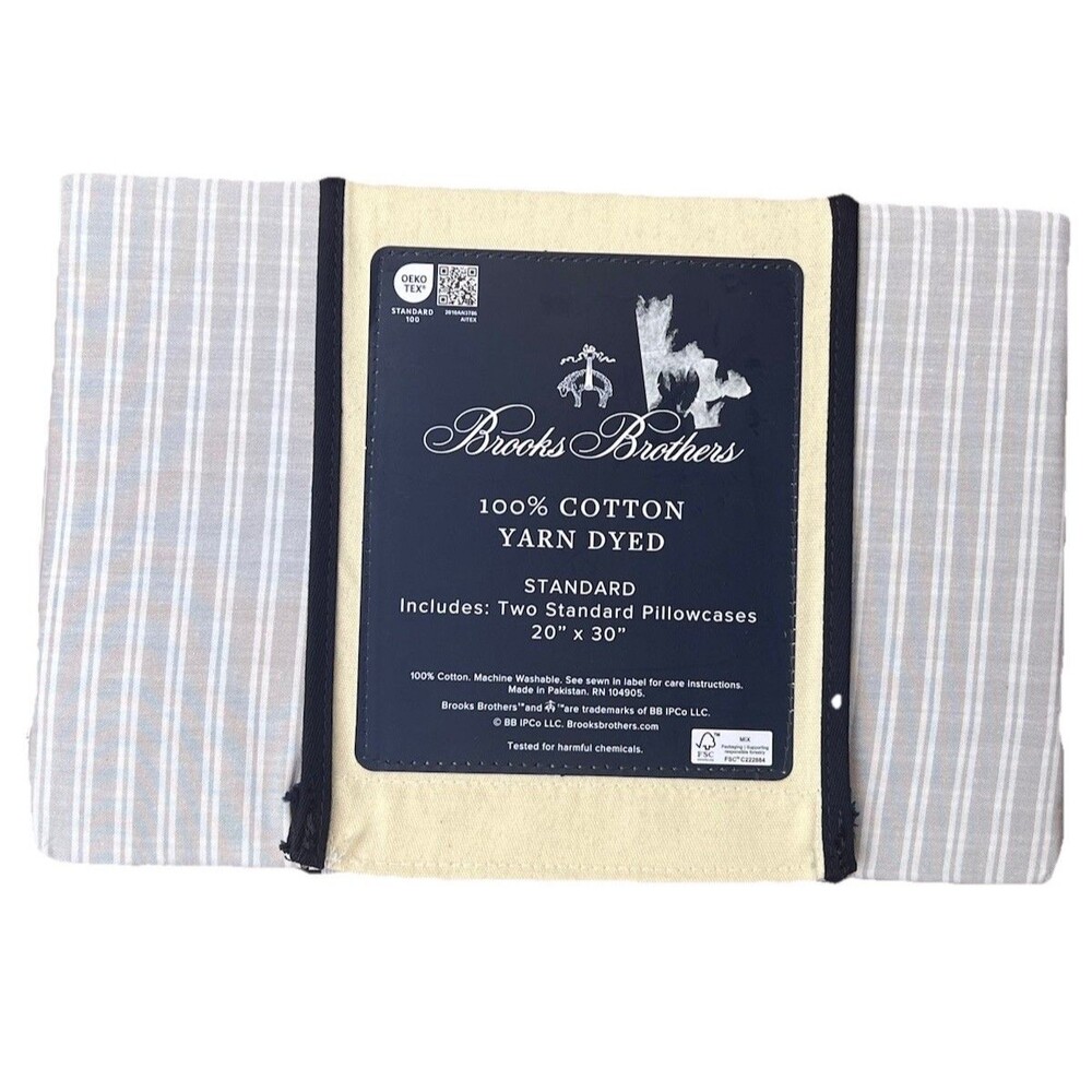 Brooks Brothers Two Standard Pillowcases Gray White Striped Cotton Yarn Dyed New